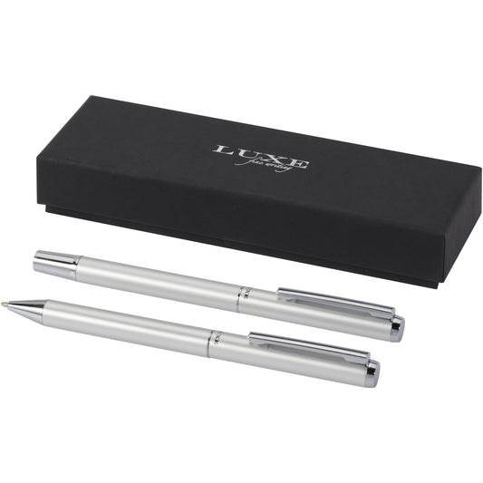 Lucetto presentförpackning med kulspetspenna och rollerballpenna i återvunnen aluminium (svart bläck)