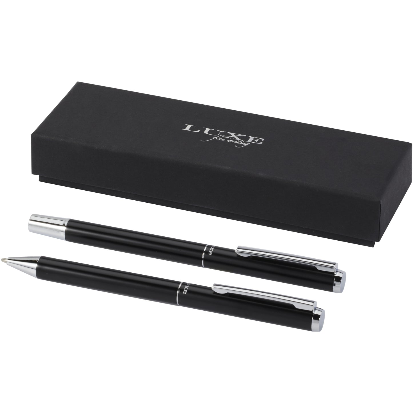 Lucetto presentförpackning med kulspetspenna och rollerballpenna i återvunnen aluminium (svart bläck)