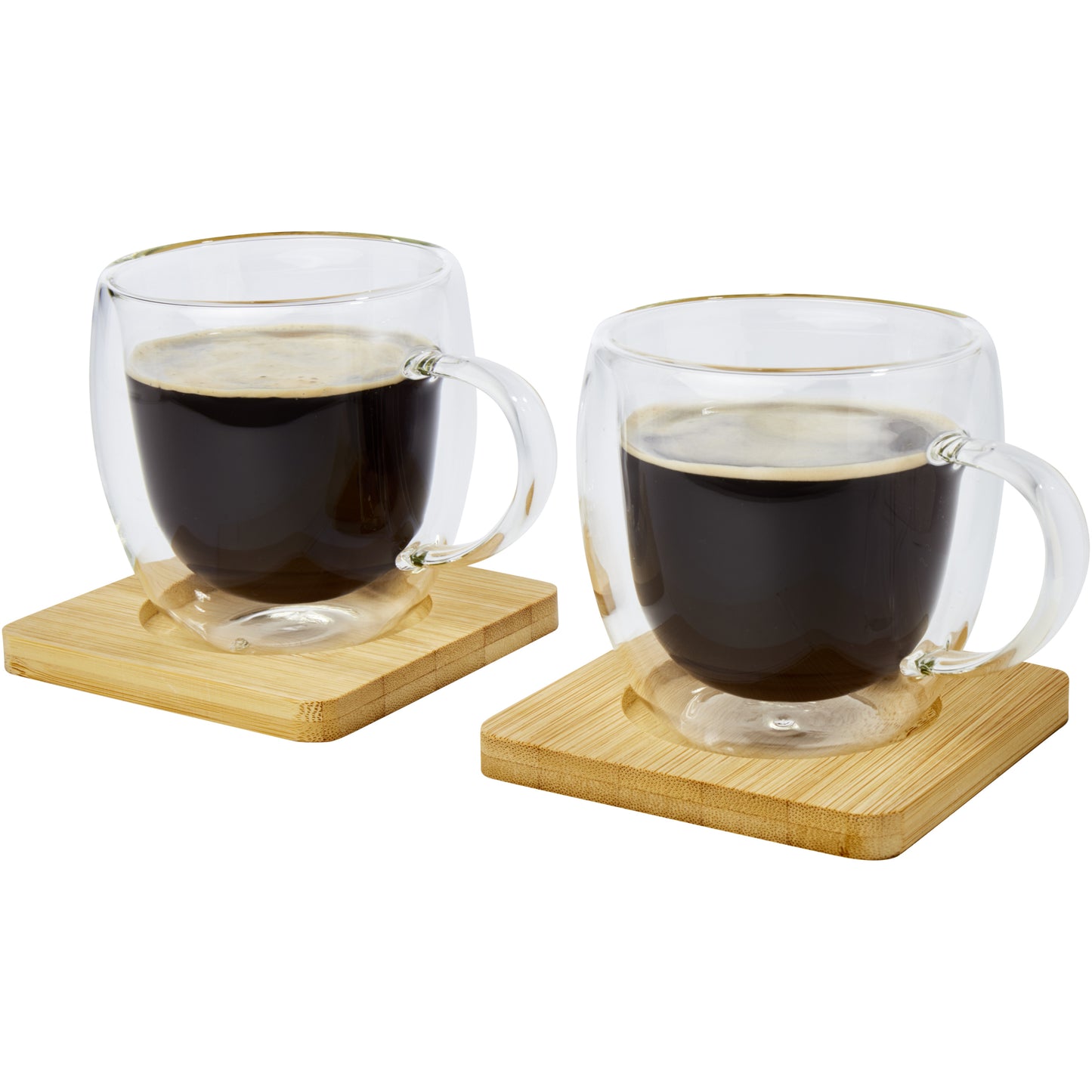 Manti två stycken 250 ml glaskopp med dubbelvägg och underlägg av bambu