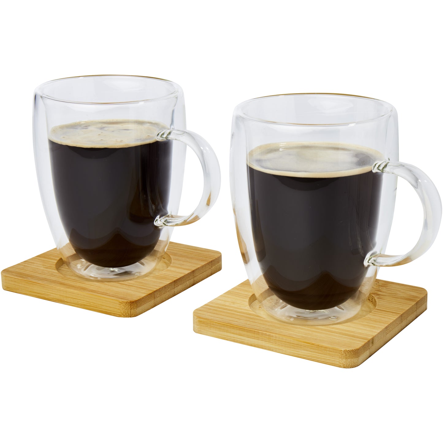 Manti två stycken 350 ml glaskopp med dubbelvägg och underlägg av bambu