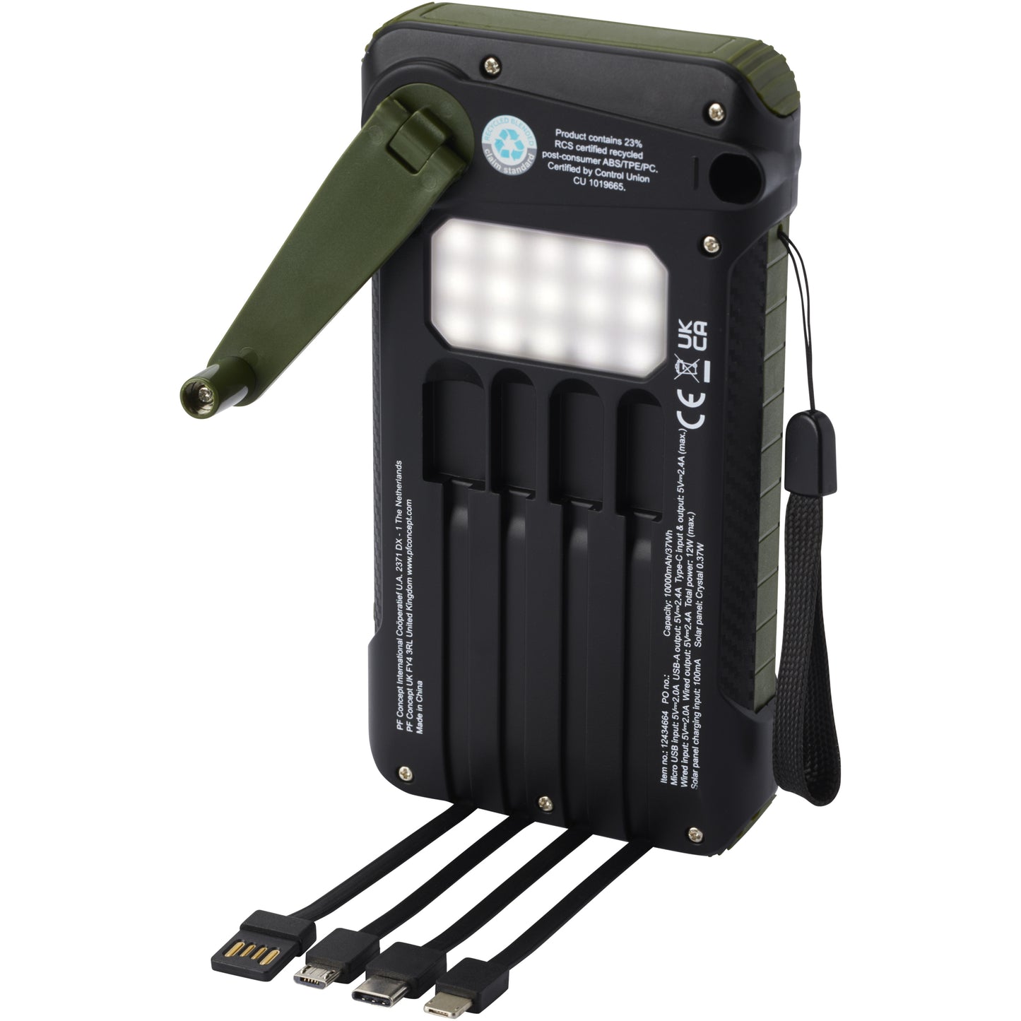 Soldy 10 000 mAh powerbank med soldynamo av RCS-återvunnen plast
