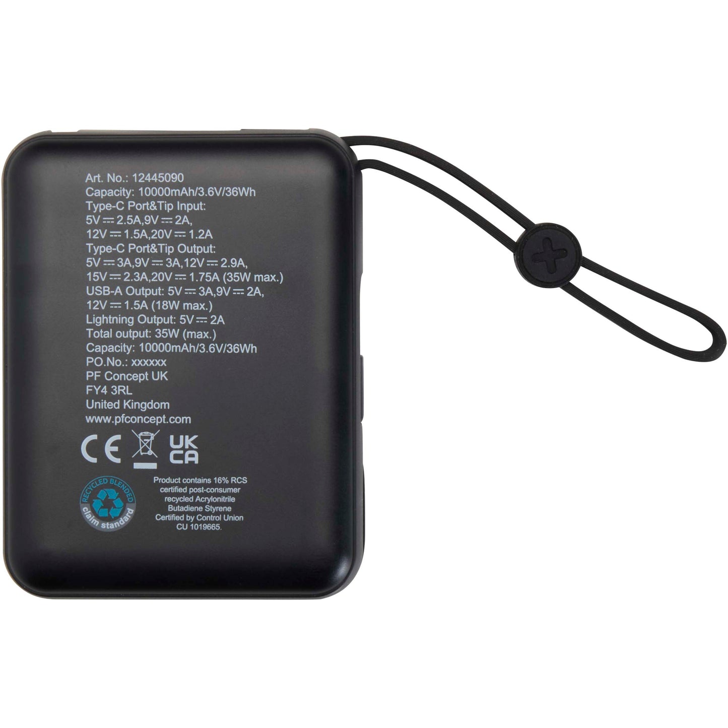 Acrux 10 000 mAh 35 W powerbank för surfplattor med inbyggd Type-C-kabel – tillverkad av återvunnen plast