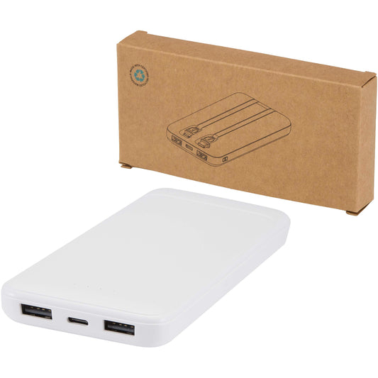 Adhil 10 000 mAh 10 W powerbank av återvunnen plast med två inbyggda kablar