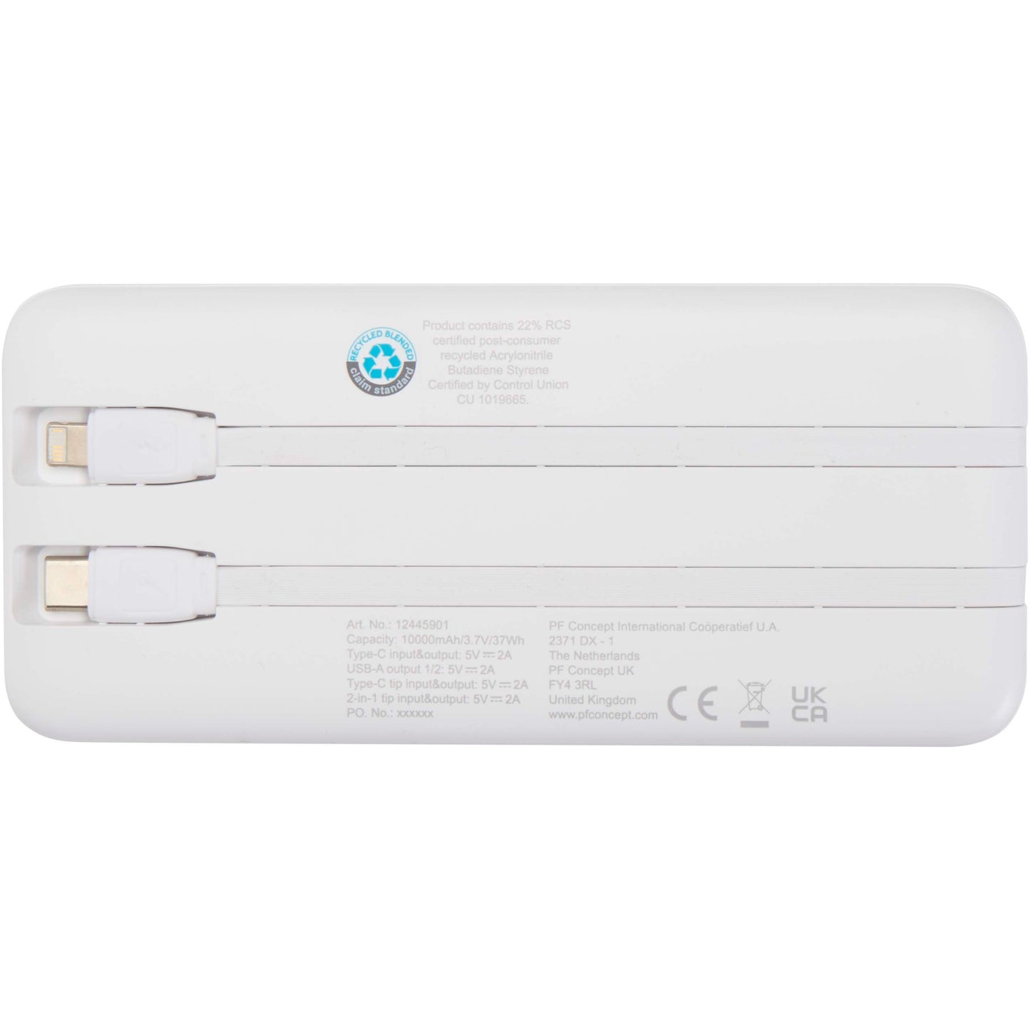 Adhil 10 000 mAh 10 W powerbank av återvunnen plast med två inbyggda kablar