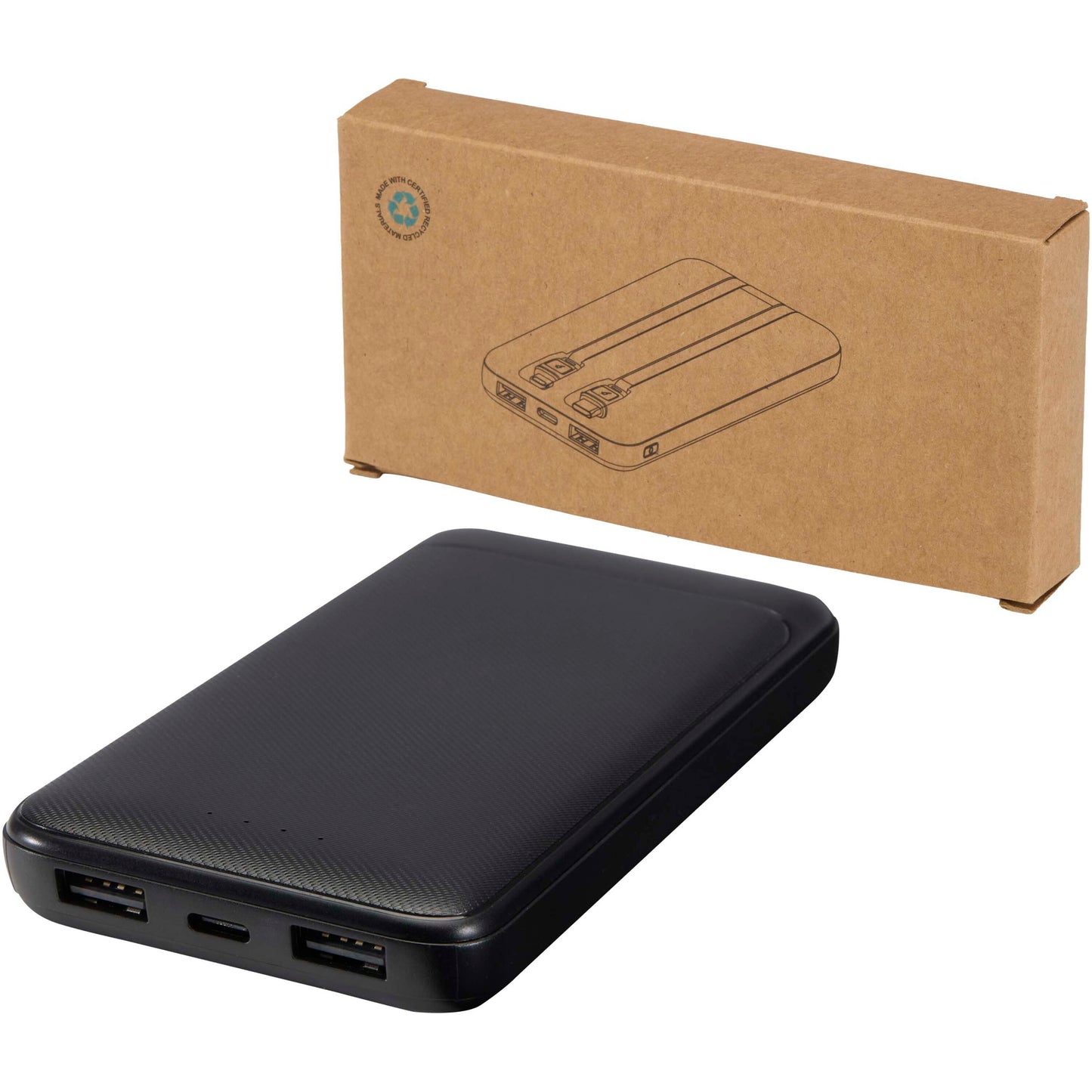 Adhil 10 000 mAh 10 W powerbank av återvunnen plast med två inbyggda kablar