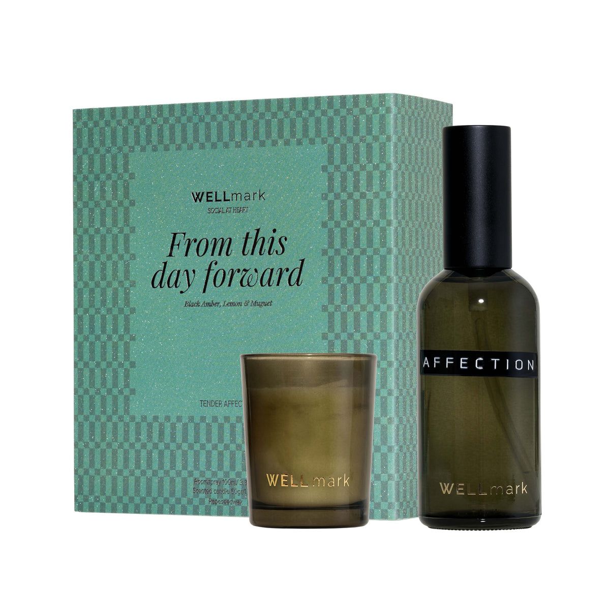 Wellmark gåvoset med 100 ml rumsdoft och 70 ml Tender Affection-ljus